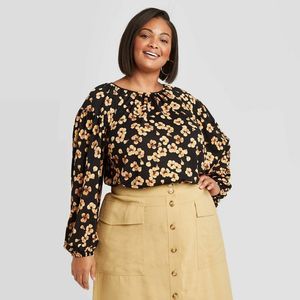Ava & Viv Plus Size Floral Print Long Sleeve Knit Blouse, Gold, X (14W), 1020